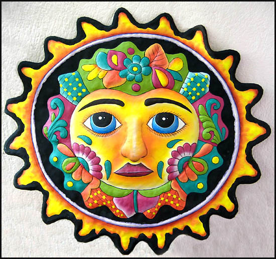 Hand painted metal sun wall hanging - Tropical metal garden art - Handcrafted in Haiti from recycled steel drums
